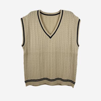 China Custom V-Neck Anti-Pilling Vest Sleeveless Striped Women Knit Sweater Vest for sale