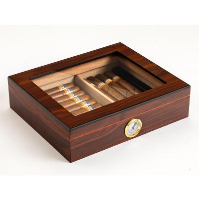 China Low MOQ Golss Lacquer Travel Cigar Humidors Package Display Black Wooden Cigar Storage Box With Front Digital Hygrometer for sale