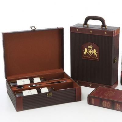 China Handmade Custom Logo Liquor Box Wine Bottle Bag With Handle Packaging Box Pu Leather Wine Box With Handle Carrier Box for sale