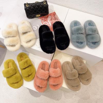 China Wholesale Fashion Trend Winter Indoor Open Toe Faux Fur Slides Fluffy Slippers For Women for sale