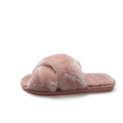 China New breathable faux pink fur female slippers scum fashion unique soft plush hairy open toe slipper for sale