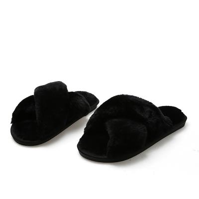 China Winter Black Comfortable Furry Home Slippers Women's Faux Fur Slippers Female Home Shoes Breathable Slides Flats Comfortable Furry House Slippers for sale