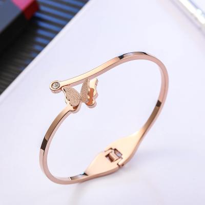 China FASHIONABLE Simple Popular Rose Gold Stainless Steel Gold Plated Butterfly Opened Bracelet Bangle Female Wholesale for sale