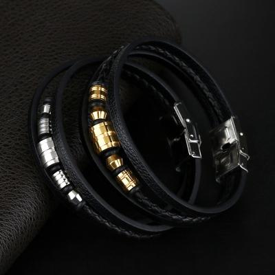 China FASHIONABLE Leather Rope Whip Men's Stainless Steel Leather Hand Beaded Multilayer Leather Bracelet Jewelry for sale