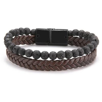 China FASHIONABLE Punk Volcanic Rock Style Leather Stone Beads Leather Woven Multilayer Leather Bracelet Ornaments for sale