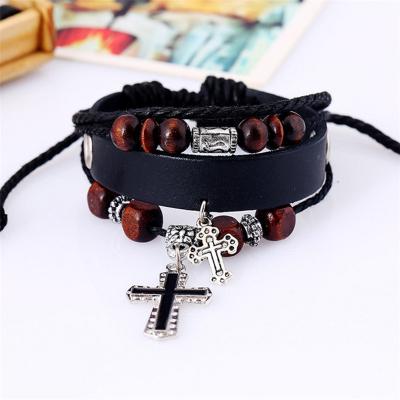 China E-commerce FASHIONABLE Beaded Cross Explosive Source Bracelet Cowhide Leather Bracelet Wholesale for sale