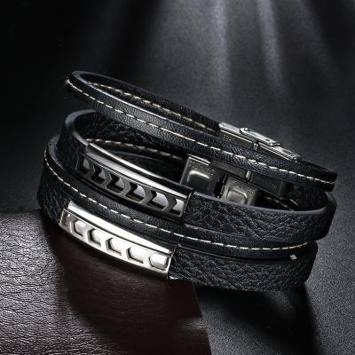 China Wish Amazon popular double layer leather men's leather bracelet fashion hollow personality TRENDY for sale