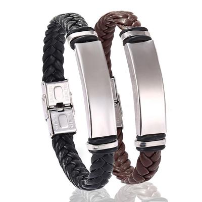 China FASHIONABLE Simple Stainless Steel Casual Bracelet With Leather Braided Titanium Steel Bracelet for sale