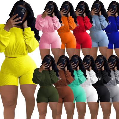 China QUICK DRY Plus Size Two Piece Sets Summer Plus Size Wears 2021 Solid Women Clothes Ladies Ribbed Two Piece Set Boxer Shorts for sale