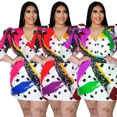 China Women's Plus Size Dress Anti-Static Unique Printing V-neck Dresses Elegant Long Sleeve Casual Dresses for sale