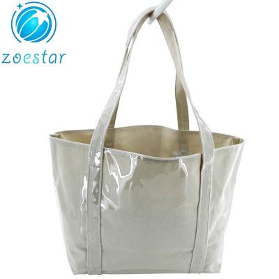 China Special Fashion Design Canvas Shopping Bag With Full Transparent PVC Tarpaulin Supermarket Storage Bag Women Beach Totebag for sale