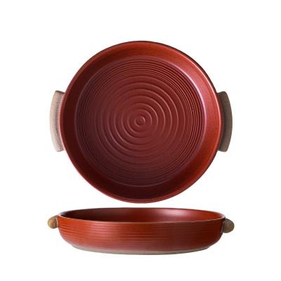 China Sustainable Red Sandstone Dish Handle Serving Dish Red Stoneware Deep Voucher Dish for sale