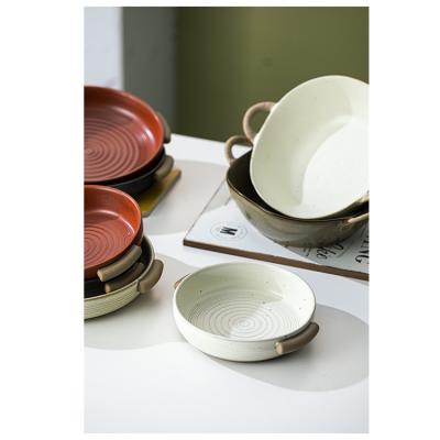 China Sustainable Cream Restaurant And Hotel Used Dinner Plates Line Porcelain Stoneware Circle Baking Dishes for sale