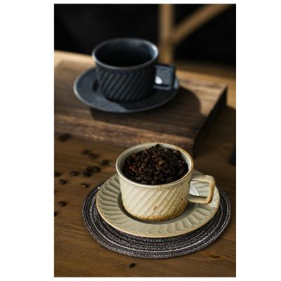 China Wholesale Hot Sustainable Product Coffee Stonewarecoffee Cups And Saucers Decal Rotary Blue Hand Painted Pattern Embossed Stoneware for sale