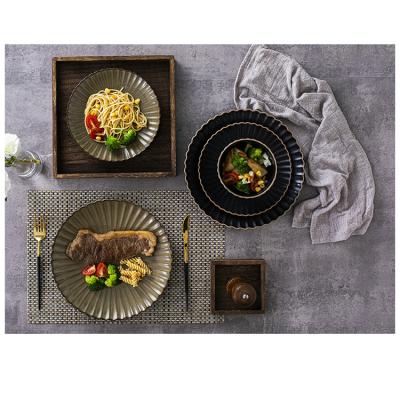 China Sustainable Modern Fine Stoneware Porcelain Dish High Quality Glazed Ceramic Dinnerware Set Black Dishes for sale