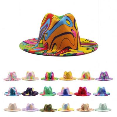 China Fedora Hats Women Sun Hats Beach Free ShippingTie Brim Graffiti Wide Winter Four Seasons Two Tone Felt Mens Womens Fedora Hats for sale