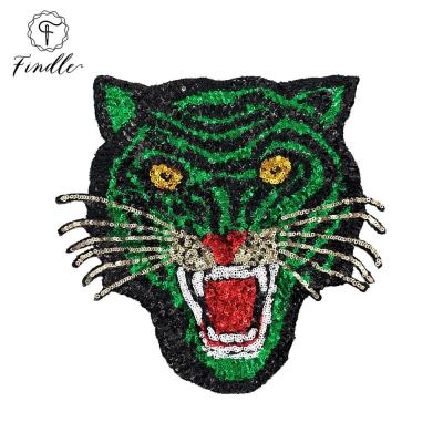 China High Quality Sustainable Animal Super Cool Green Fierce Tiger Sequin Patchembroidery For Clothing for sale