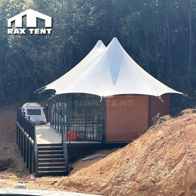 China Luxury 60sqm Hotel Waterproof Tent for Glamping with 2 Top Roofs and Wooden Wall for Better Themral Insulation for sale