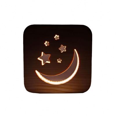 China Modern Latest Design Christmas Moon Small Star USB Cable Bedroom Wood Frame 3D Night Light Living Room Wooden Party for sale