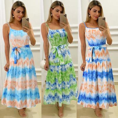 China New Anti-Static Women's Summer Casual Outfits Plus Size With Strap U-neck Fashion Tie Dye Apricot Blue Green Long Dress for sale