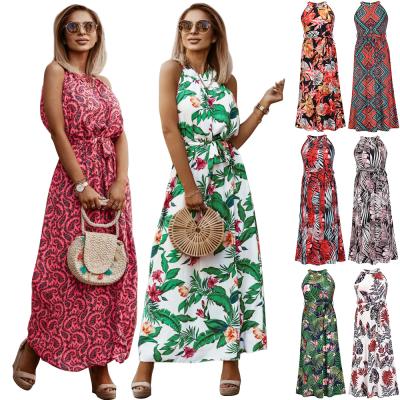 China 2021 anti-static the new summer wholesale plus size reglan off the shoulder halter neck belted flower print beach style long dress for sale