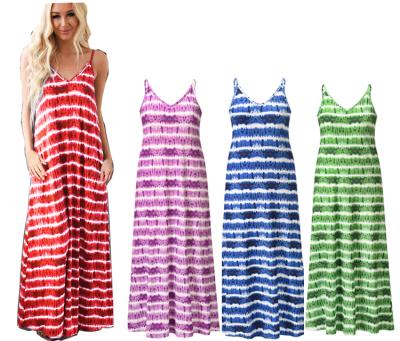 China New Anti-Static Women's Summer Casual Dresses Plus Size Strap V-Neck Fashion Stripe Tie Dye Long Dress for sale