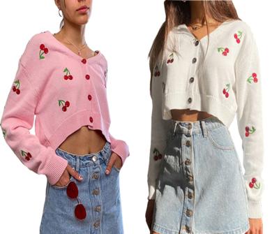 China Autumn Casual Long Sleeve V-Neck Women's Pink Crop Clothing Breathable Loose Cherry Embroidery Sweater for sale