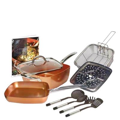 China Sustainable Induction Square Grill Copper Ceramic Cookware Frying Pan Fry Basket Steam Rack Set for sale