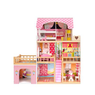 China Educational Toy Pretend Role Play DIY Toy Big Kids Wooden Cartoon Doll House Villa with Doll Room Furniture Dollhouse for sale