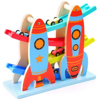 China Wholesale Baby Early Education 4 Levels Slot Racing Track Slide Toy Wooden Car Ramp Toy For Kids for sale