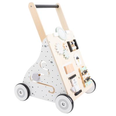 China Baby Wooden Wooden Walker With Blocks Push Along Baby Toy Toddler Activity Wooden Walker Baby Push Walker Toys for sale