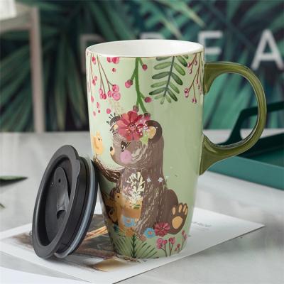 China Factory Price Sustainable Cartoon Pattern Porcelain Cup High Temperature Resistant Ceramic Mug With Lid And Spoon for sale