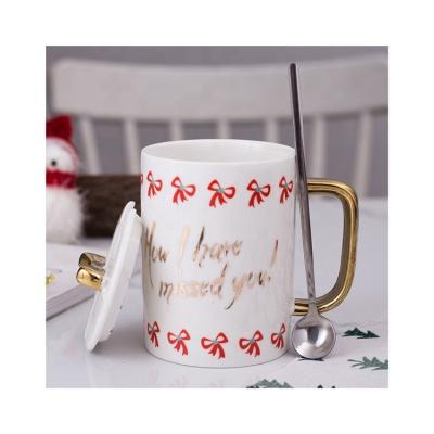 China Viable Hot Selling Cute Cartoon Mug Porcelain Ceramic Mug With Lid And Spoon Christmas Couples Gift for sale