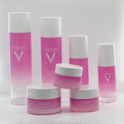 China Full Range Of 40ml Capacity Cosmetics Packaging Pink Empty Lotion Glass Bottles For Skin Care Face Cream for sale