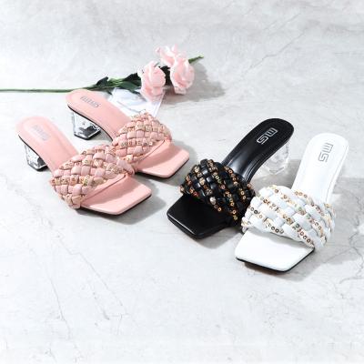 China Cushioning Chunky Block Toe Weaving Slipper Square Toe Sequin Peep Transparent Large Size High Heels Women Heels Sandals Shoes For Daily Wear for sale