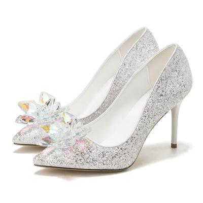 China Size Increasing New Crystal Stiletto Heels Silver Pointy Sequins Heels White Wedding Dress Party Shoes for sale