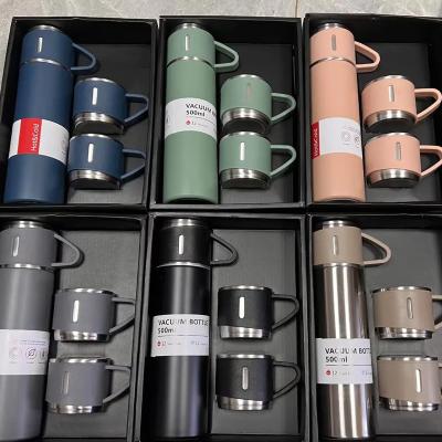 China PORTABLE Stainless Steel Vacuum Cup Double Wall 500ml Double Mouth Mug Business Gift Wide Vacuum Flask Sets With 3 Lid Cups for sale