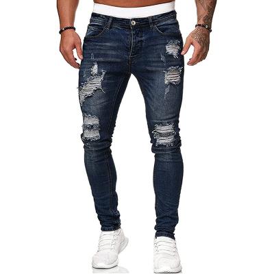 China Viable Mens Blue Slim Fit Jeans Stretch Destroyed Ripped Skinny Jeans Side Striped Denim Pants for sale