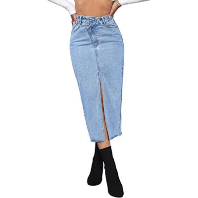 China New Arrival Sustainable Summer Women's Casual High Waist Denim Skirt Split Edge Trim Vintage Midi Jean Skirts for sale