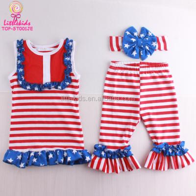 China Breathable American Patriotic Fourth of July Stripes Star Bib Tops Ruffle Pants and Headband Matching Pants and Headband Dressing Set of July Girls Outfits for sale