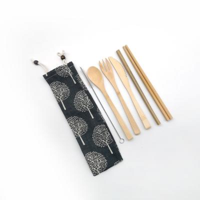 China Tableware Sustainable Bamboo Tableware Set Bamboo Spoon Fork Chopstick Knife Straw for sale