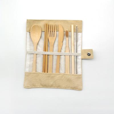 China Viable Biodegradable Bamboo Straw Bamboo Travel Knife Fork Spoon Wooden Bamboo Tableware Set for sale