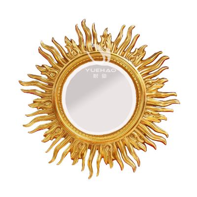 China Classic Decorative Antique Gold Metal Frame Sun Shape PU Mirror Hotel Bathroom Modern Luxury View for sale