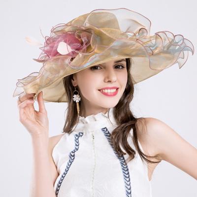 China 2023 summer women's party European and American fashion sun hat large flower brim colorful anti-ultraviolet wide brim party hats and gauze hat for sale