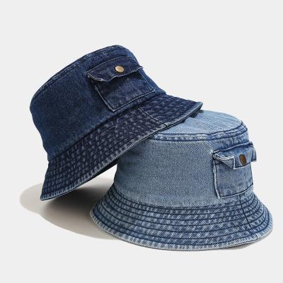 China European and American Denim Fisherman Hat Casual Basin Hat Beach Sun Creative Daily Breathable Hat New With Pocket Men's Simple Unisex for sale