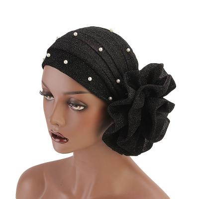 China Fashion Europe and America Pearl Flower Hair Hoods Long Headband Silk Bright Sleep Hat Headband Scarf Hats with Elastic Wide Band for sale