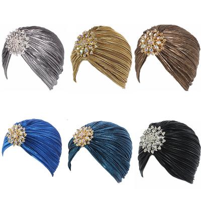 China Fashion Europe and America popular noble gold pleated headband hat sleep cap hair cowls long scarf hats with elastic wide band for sale