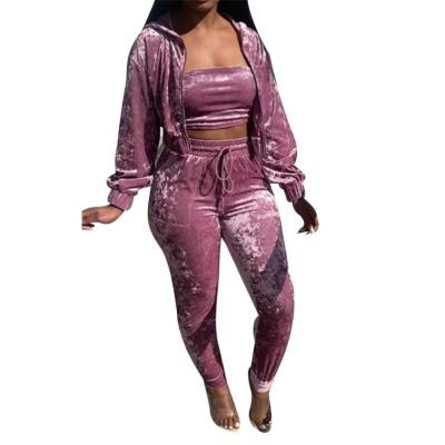 China 2021 QUICK DRY autumn and winter new fashion women's casual 3pcs sports suit solid color gold velvet hooded three-piece suit for sale