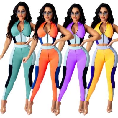 China KD0819 Summer 2021 Crop Tops QUICK DRY Sporty Zipper Sleeveless Two Piece Pants Set Logo Two Piece Set Custom Made for sale