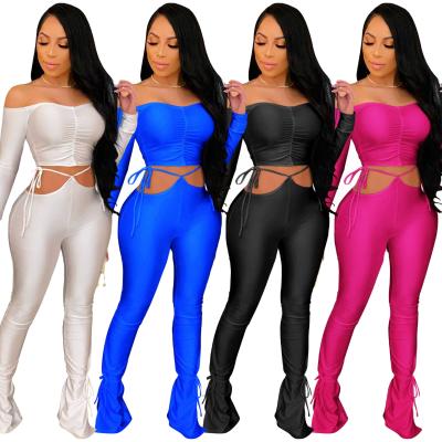 China KD0819 2021 QUICK DRY summer off the shoulder pants set solid color two piece set track skinny pants two piece set for sale